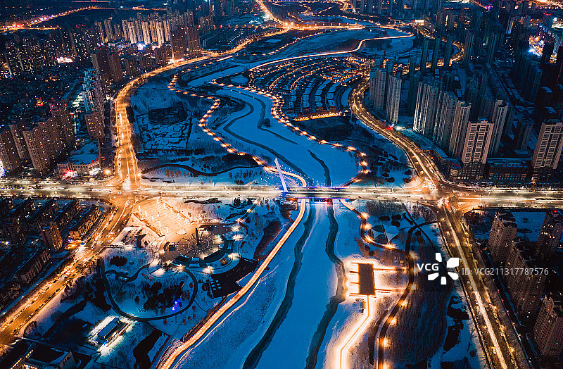 辽宁沈阳沈北新区城市夜景航拍图片素材