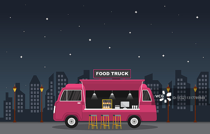 食品卡车：街头夜间餐车图片素材