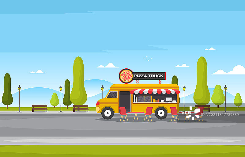 披萨快餐车厢车街道店铺图片素材