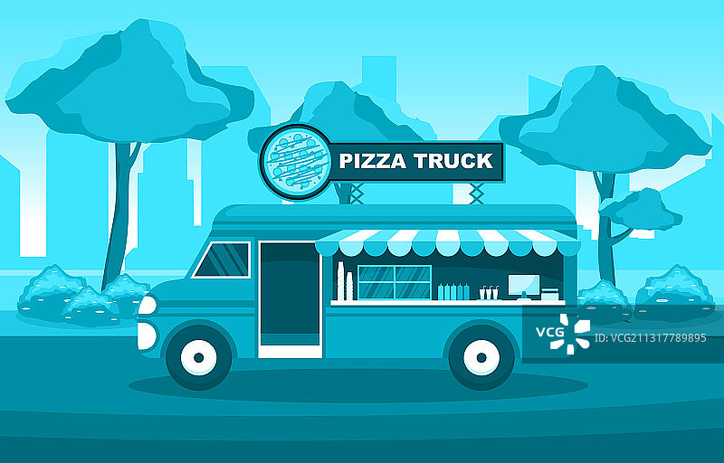 披萨快餐车厢车街道店铺图片素材