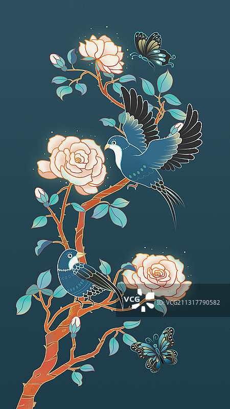 春日花鸟中国风插画图片素材