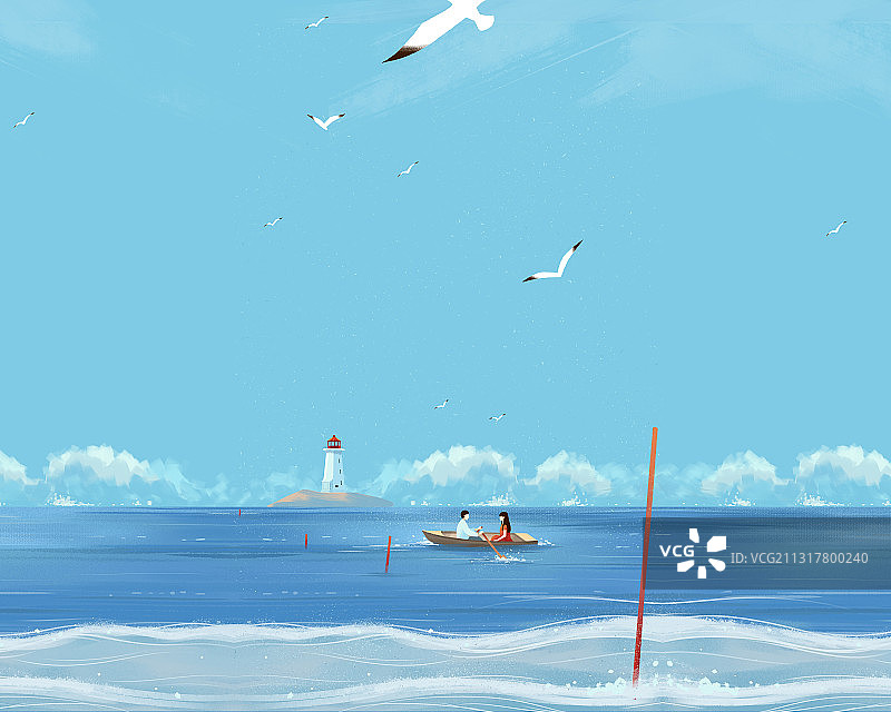 一对青年情侣在平静的海面上划船图片素材