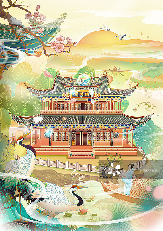 武汉晴川阁国风城市建筑插画图片素材