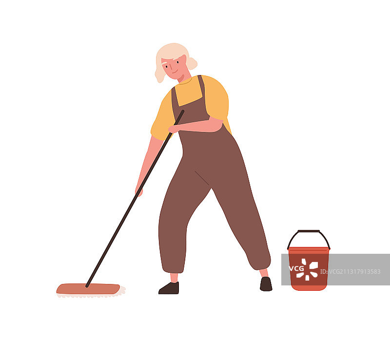 快乐的年长女人拿着拖把和水桶图片素材