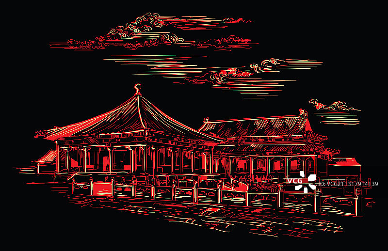 红色中国手绘地标4图片素材