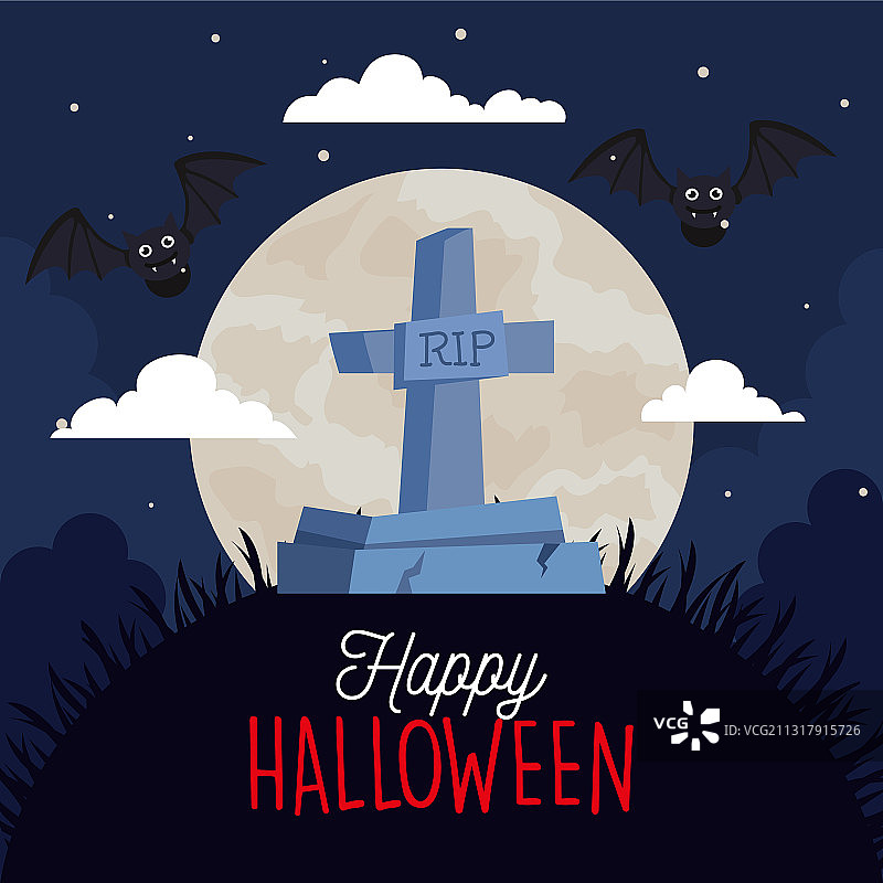 万圣节快乐的横幅上有墓碑上飞舞的蝙蝠图片素材