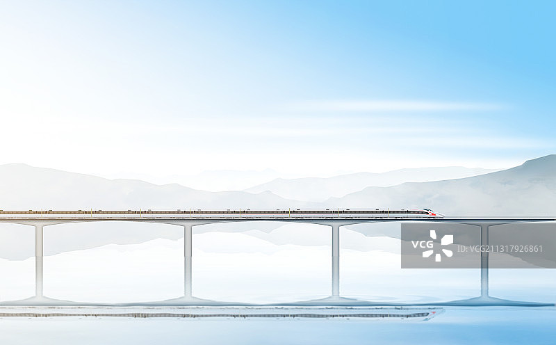 高速列车行驶在山川水秀中图片素材