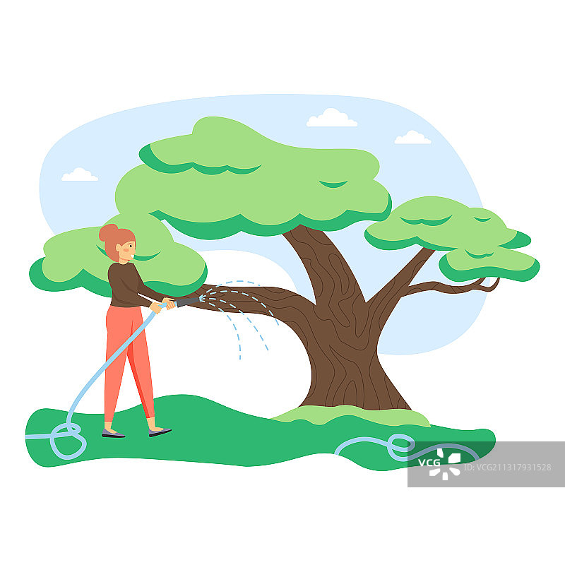 年轻女园丁浇树图片素材