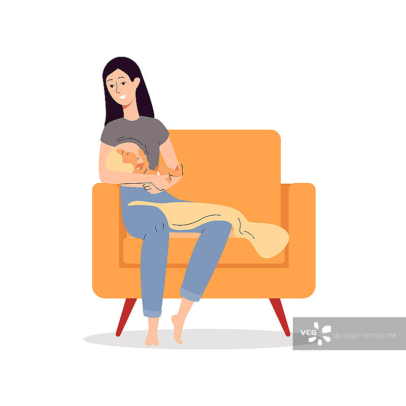 母亲在贝恩椅上给新生儿喂奶扁平设计图片素材