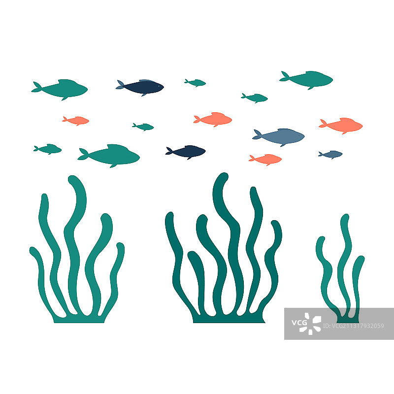 卡通学校：鱼和绿色海藻-扁平风格图片素材