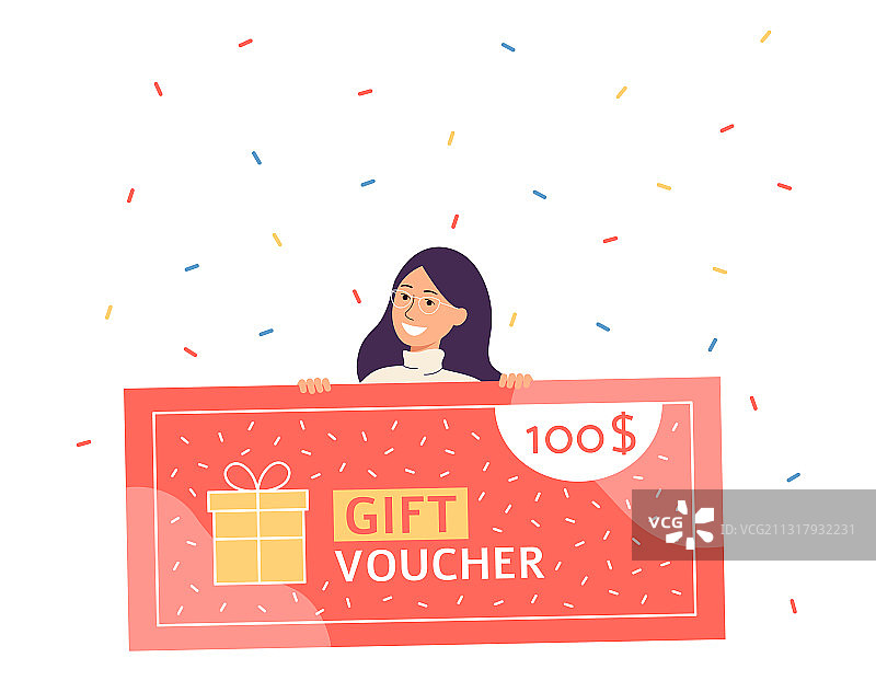女人手持礼品券或代金券扁平设计图片素材
