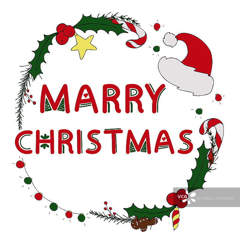 带有冬青花环的圣诞节快乐文本图片素材