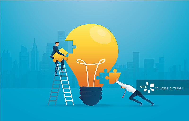 商人拼装拼图灯泡图片素材
