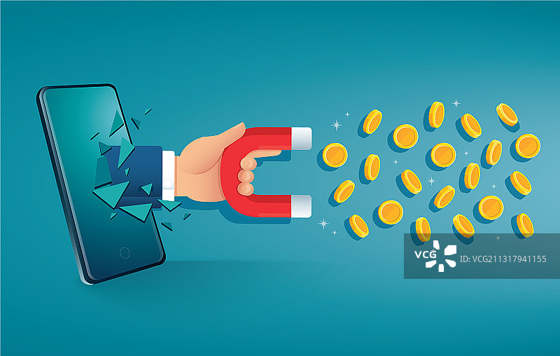 手持磁铁击穿手机屏幕的男人图片素材