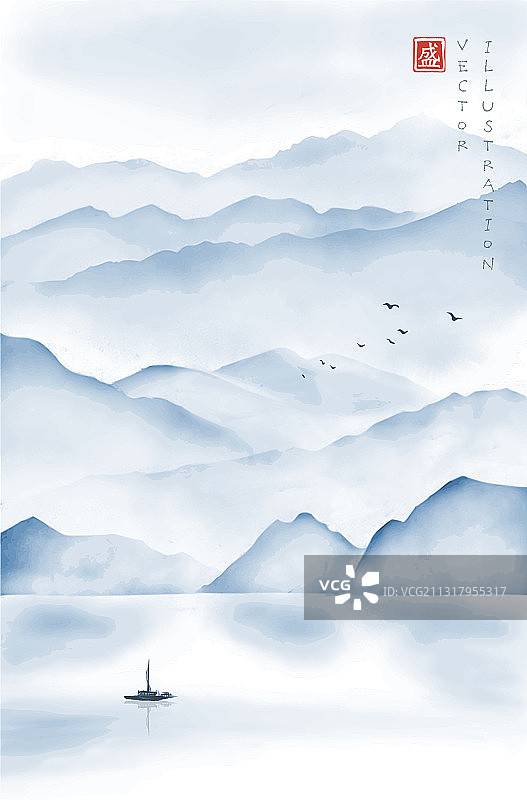 有雾山脉和渔船的风景图片素材