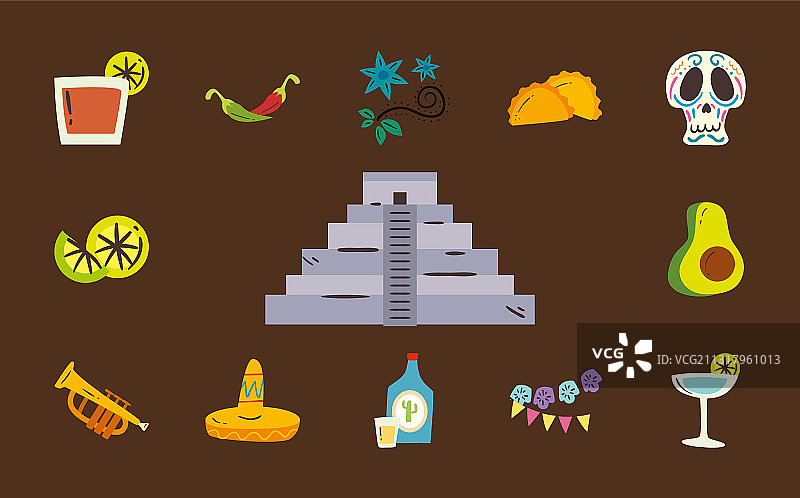 墨西哥金字塔和自由形式风格图标集图片素材