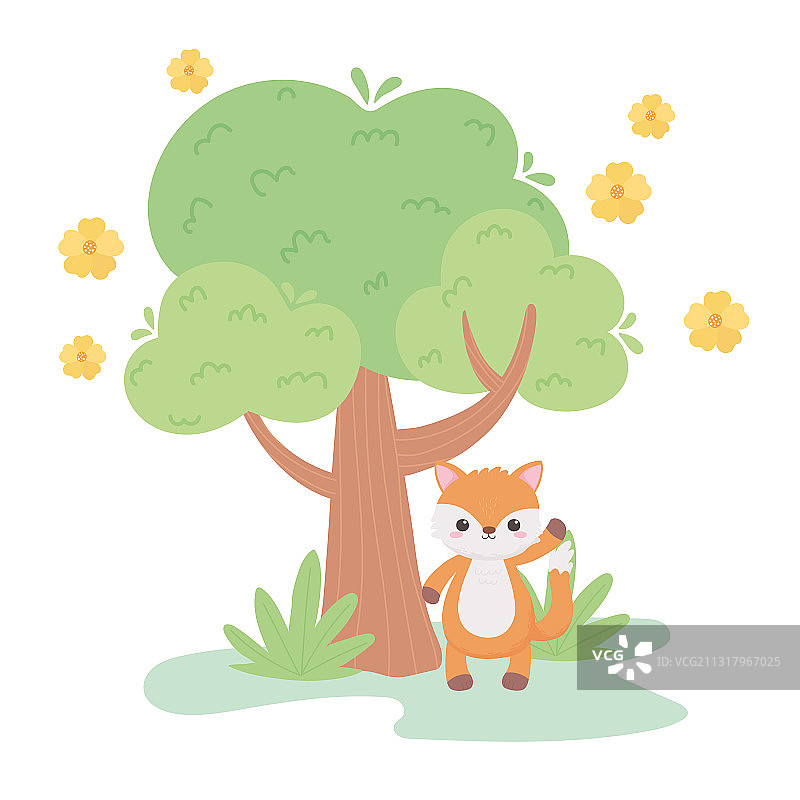 可爱小狐狸花朵树草地卡通图片素材
