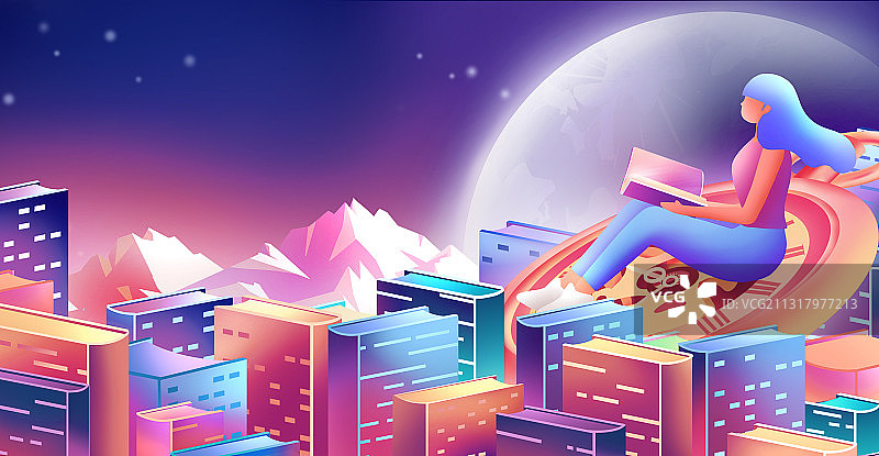 在夜色中坐在时钟上阅读的女孩图片素材