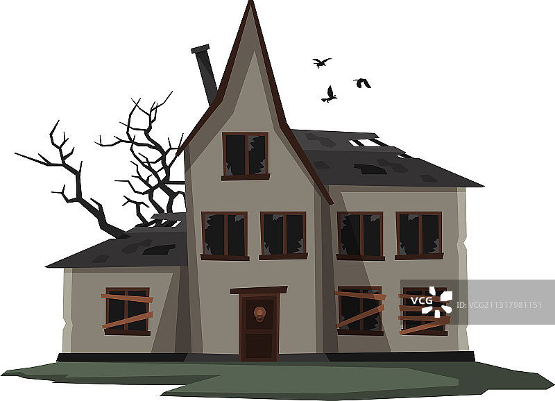 带有封锁窗户和鸟类的恐怖房屋图片素材
