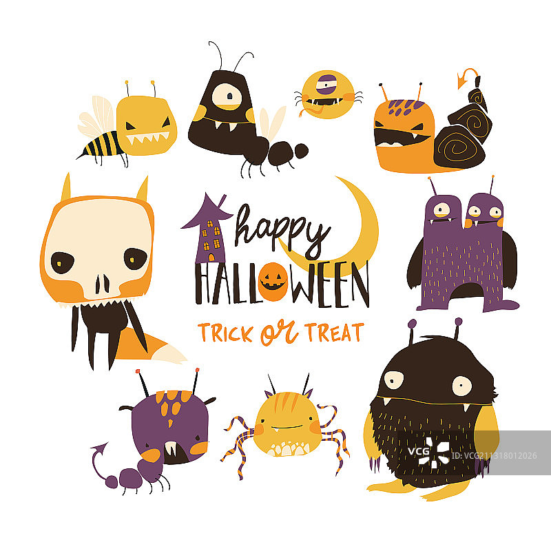 白色背景上的可爱彩色怪物套装图片素材