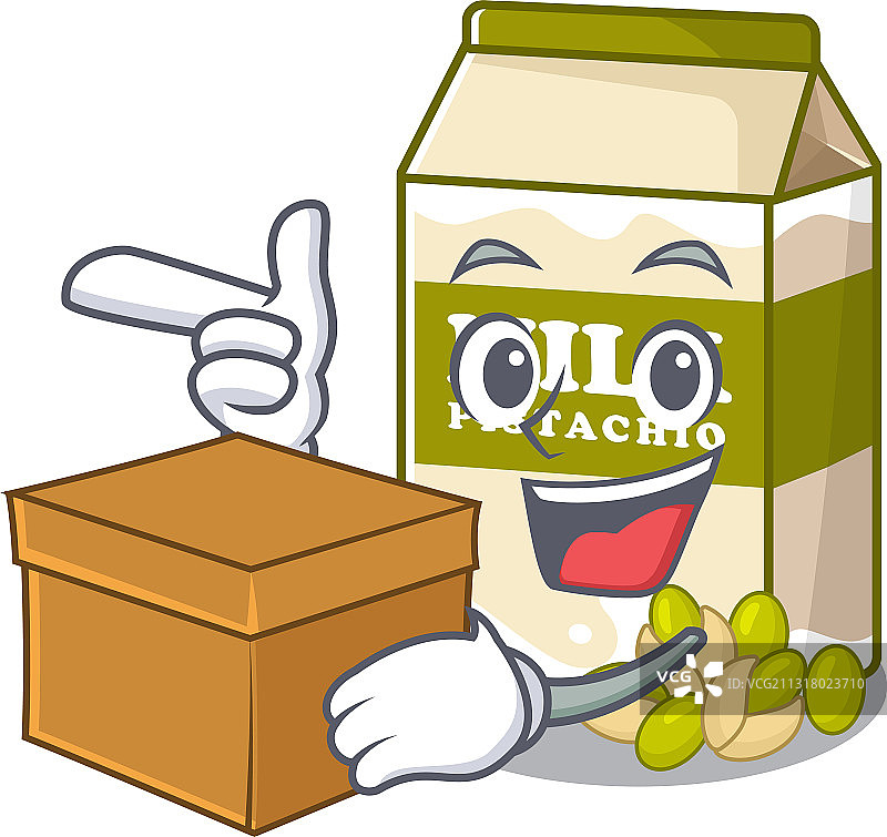 可爱的开心果牛奶卡通角色拿着一个盒子图片素材