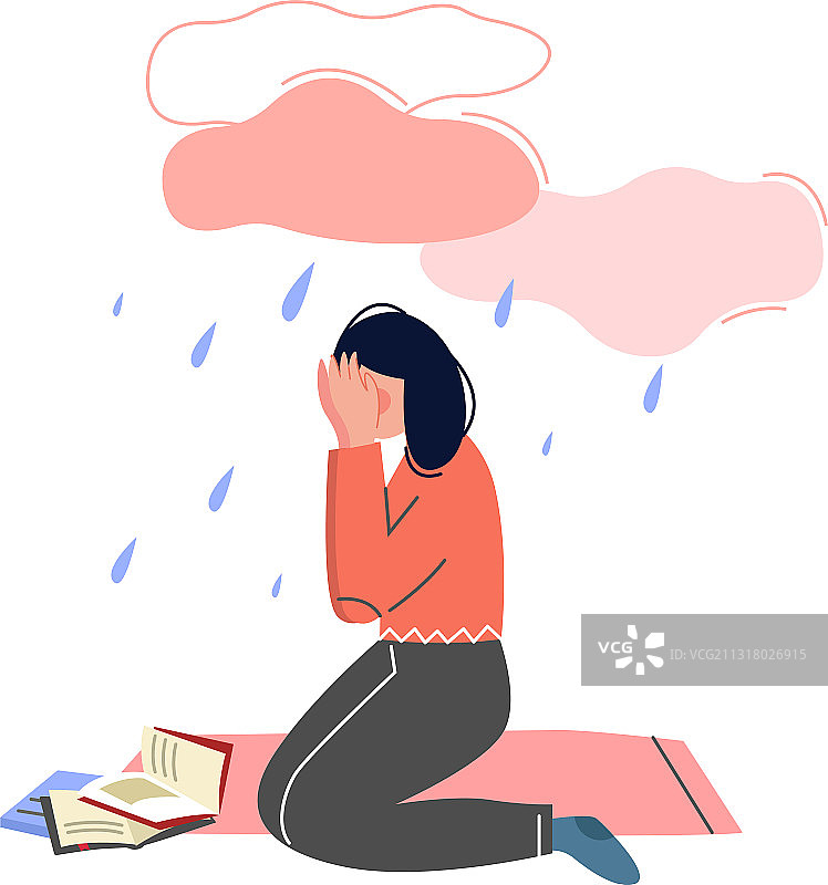 沮丧的青少年女孩坐在乌云下图片素材