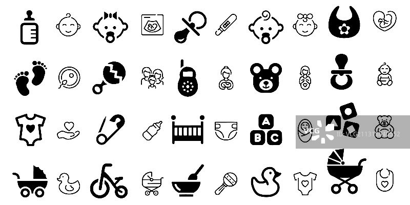 婴儿玩具喂养和护理图标集图片素材