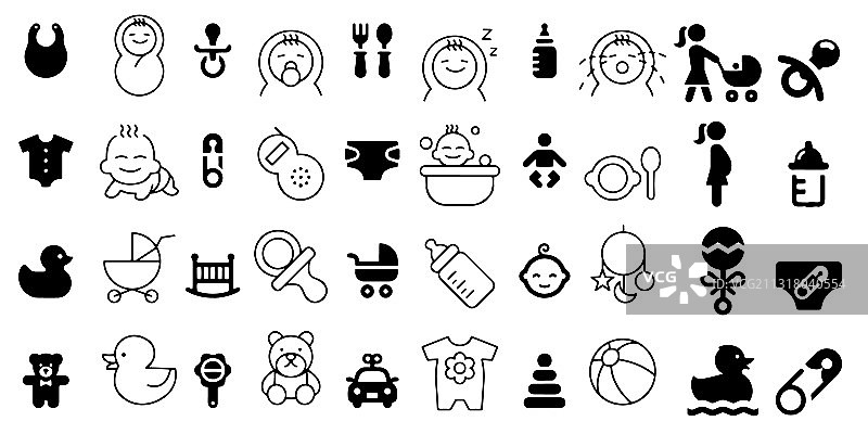 婴儿玩具喂养和护理图标集图片素材