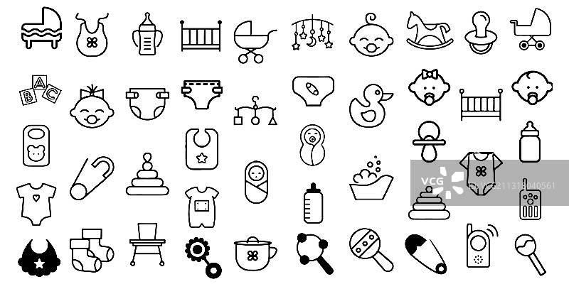婴儿玩具喂养和护理图标集图片素材