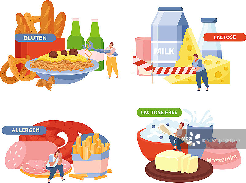 乳糖和麸质概念图标集图片素材