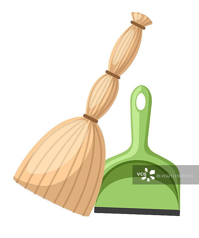 绿色塑料簸箕与黄色扫帚图片素材