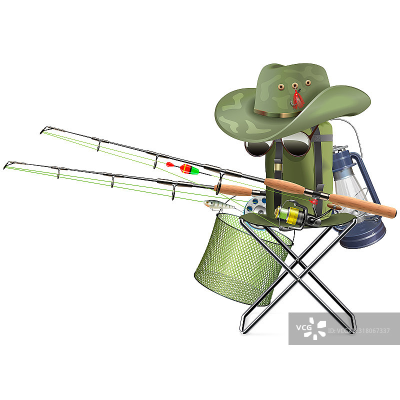 带折叠椅的钓鱼用具图片素材