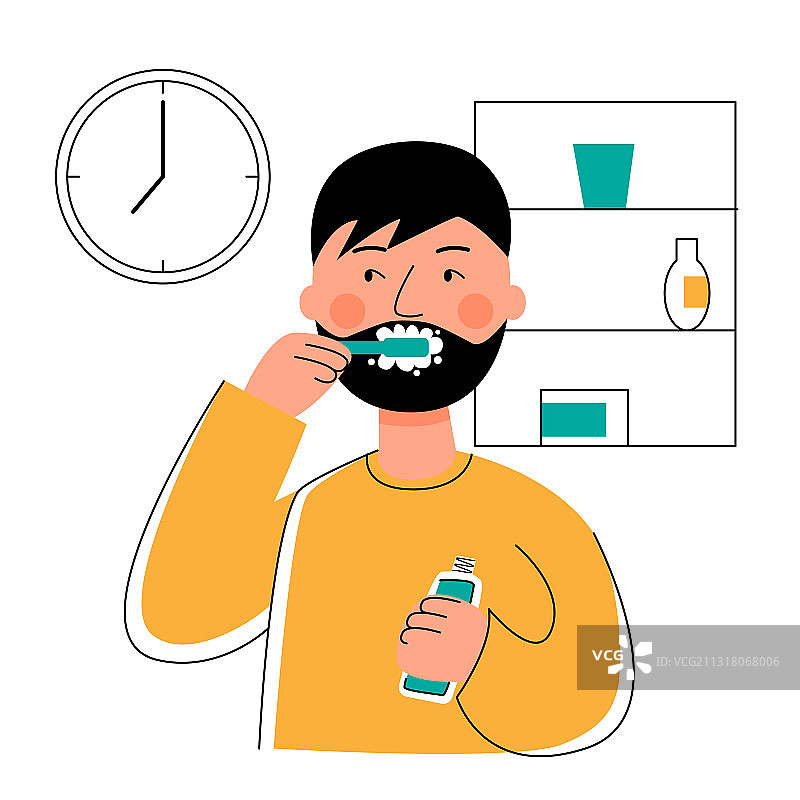 男人刷牙并看手表图片素材