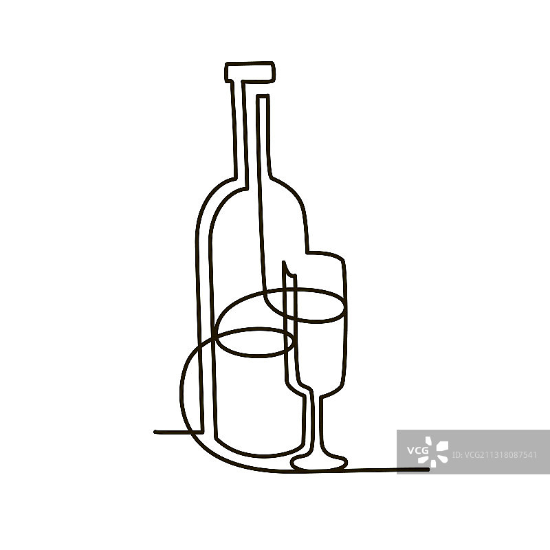 红酒瓶酒杯连续线条画图片素材