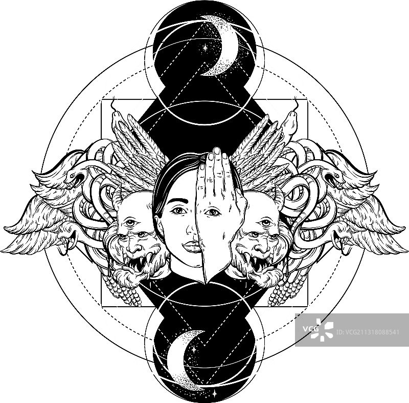 手绘手托眼睛的女人面部图片素材