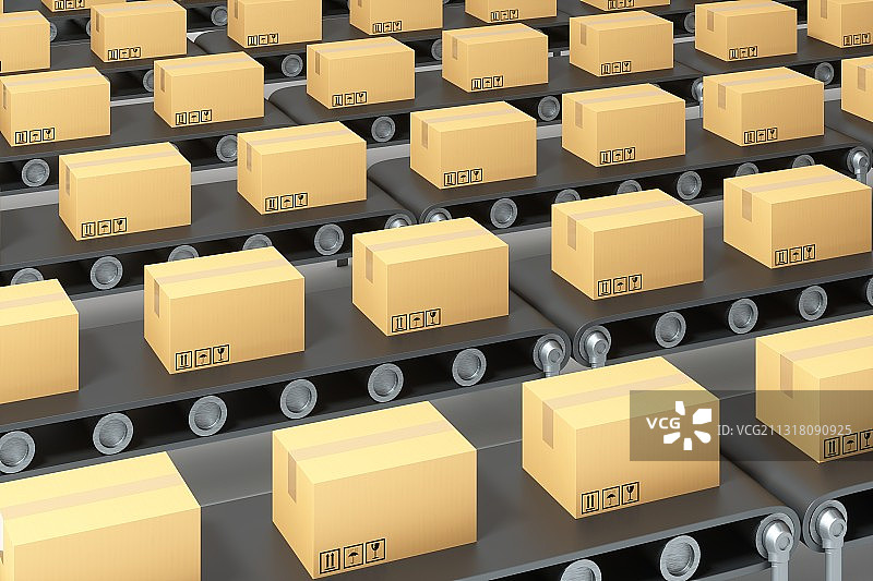 3D渲染的传送带上的纸箱图片素材