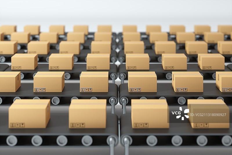 3D渲染的传送带上的纸箱图片素材