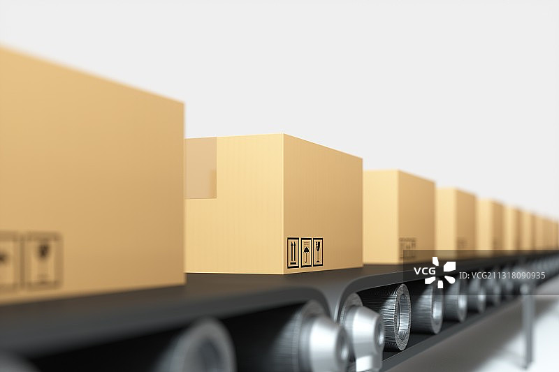 3D渲染的传送带上的纸箱图片素材