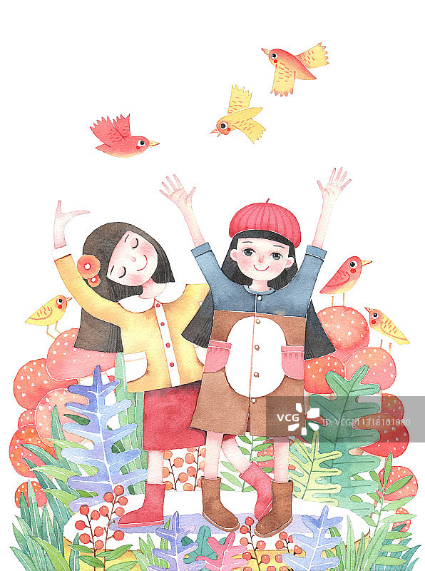 儿童水彩画-两个快乐的女孩和飞鸟图片素材