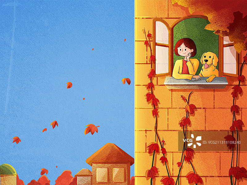 秋天女孩和狗趴在窗边看风景图片素材