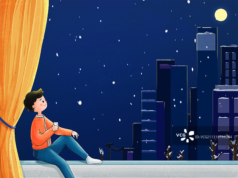 冬天男孩坐在窗边看夜景图片素材