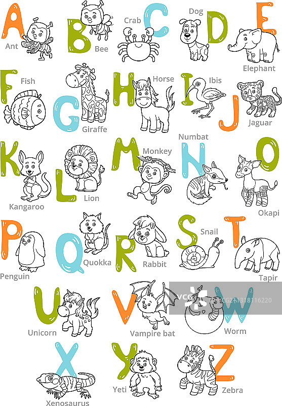 黑白动物园字母表图片素材