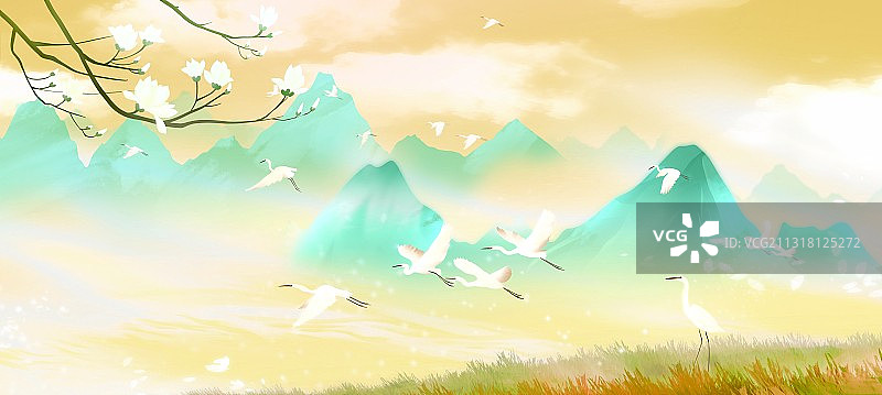 唯美水彩插画湿地公园鸟类自然保护区图片素材