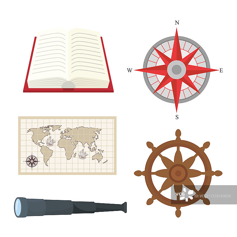 海洋书籍指南针地图方向舵和望远镜图片素材