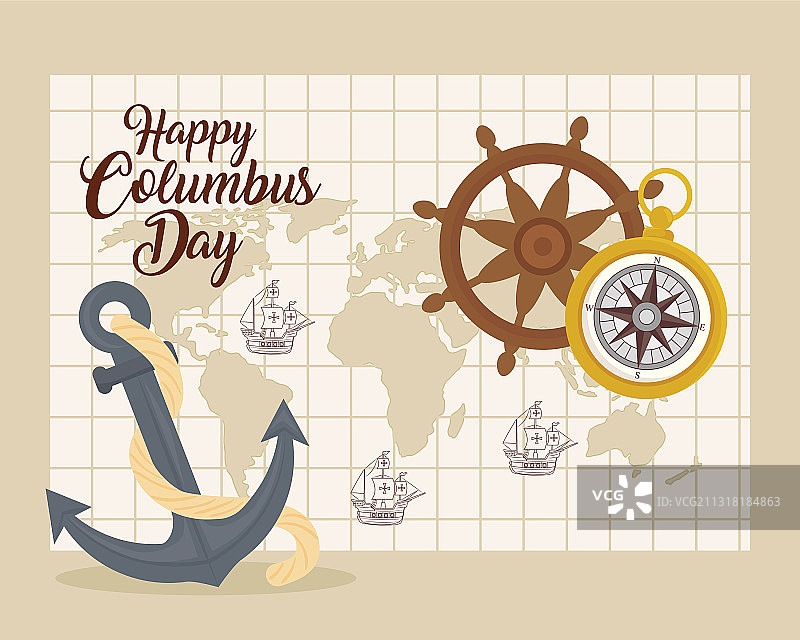哥伦布的船只在世界地图上，带有锚和方向舵图片素材