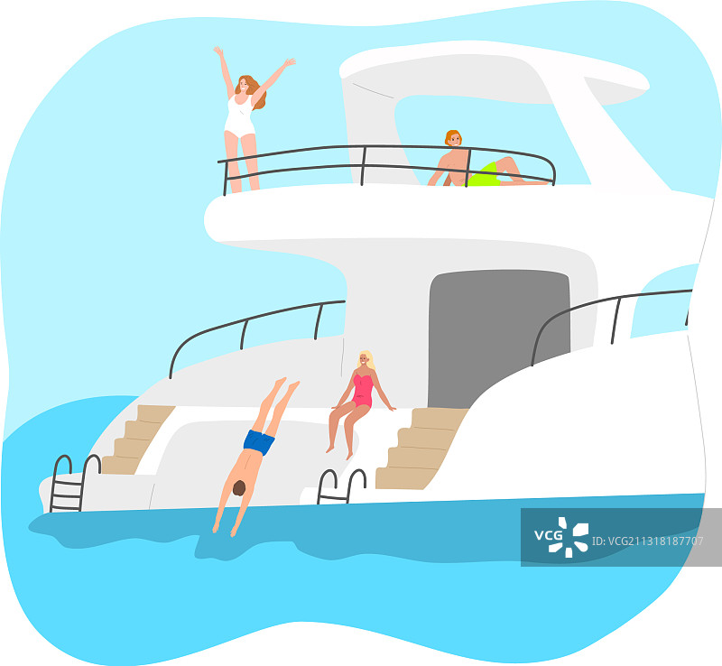 年轻游客在白色游艇上享受日光浴图片素材