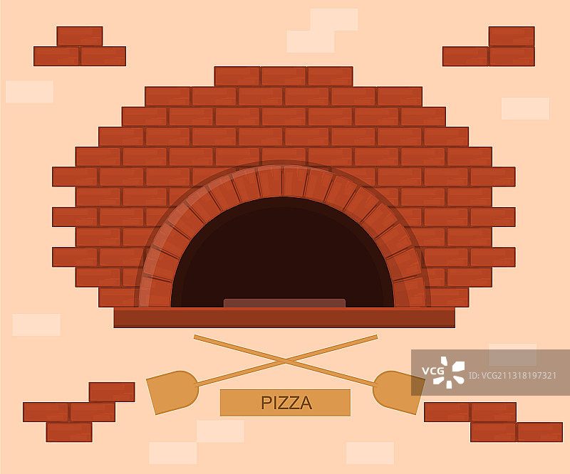 卡通彩色披萨烤箱与铲子概念图片素材