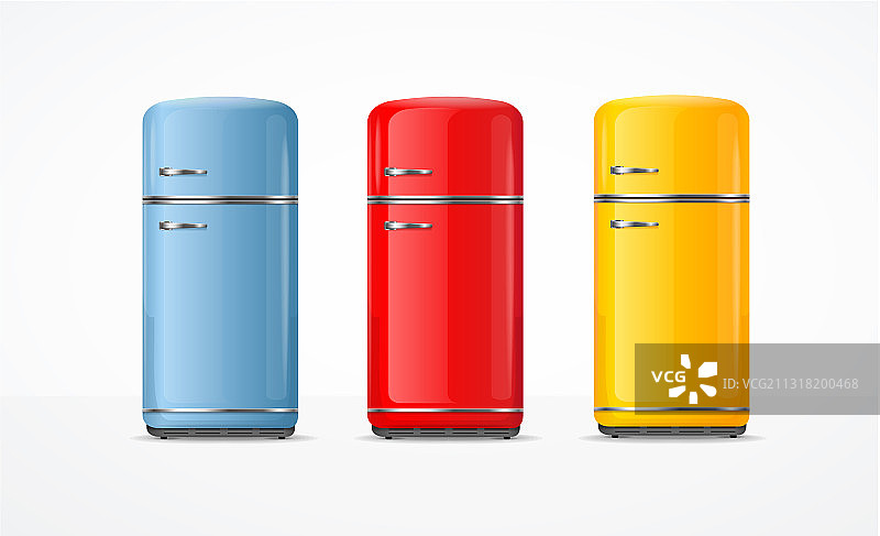 逼真细致的3D复古彩色冰箱套装图片素材