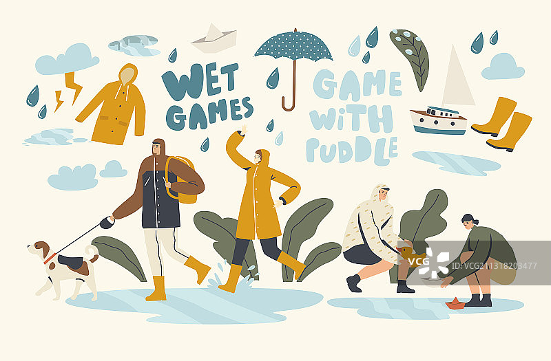 在雨季的秋天或春天玩水坑游戏图片素材