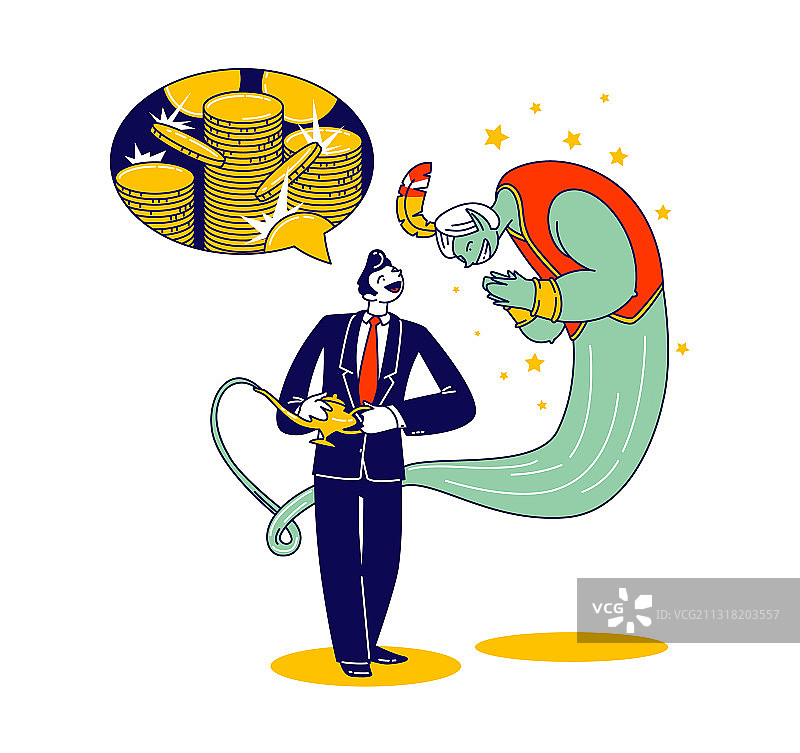 拿着阿拉丁神灯和金钱的商人图片素材